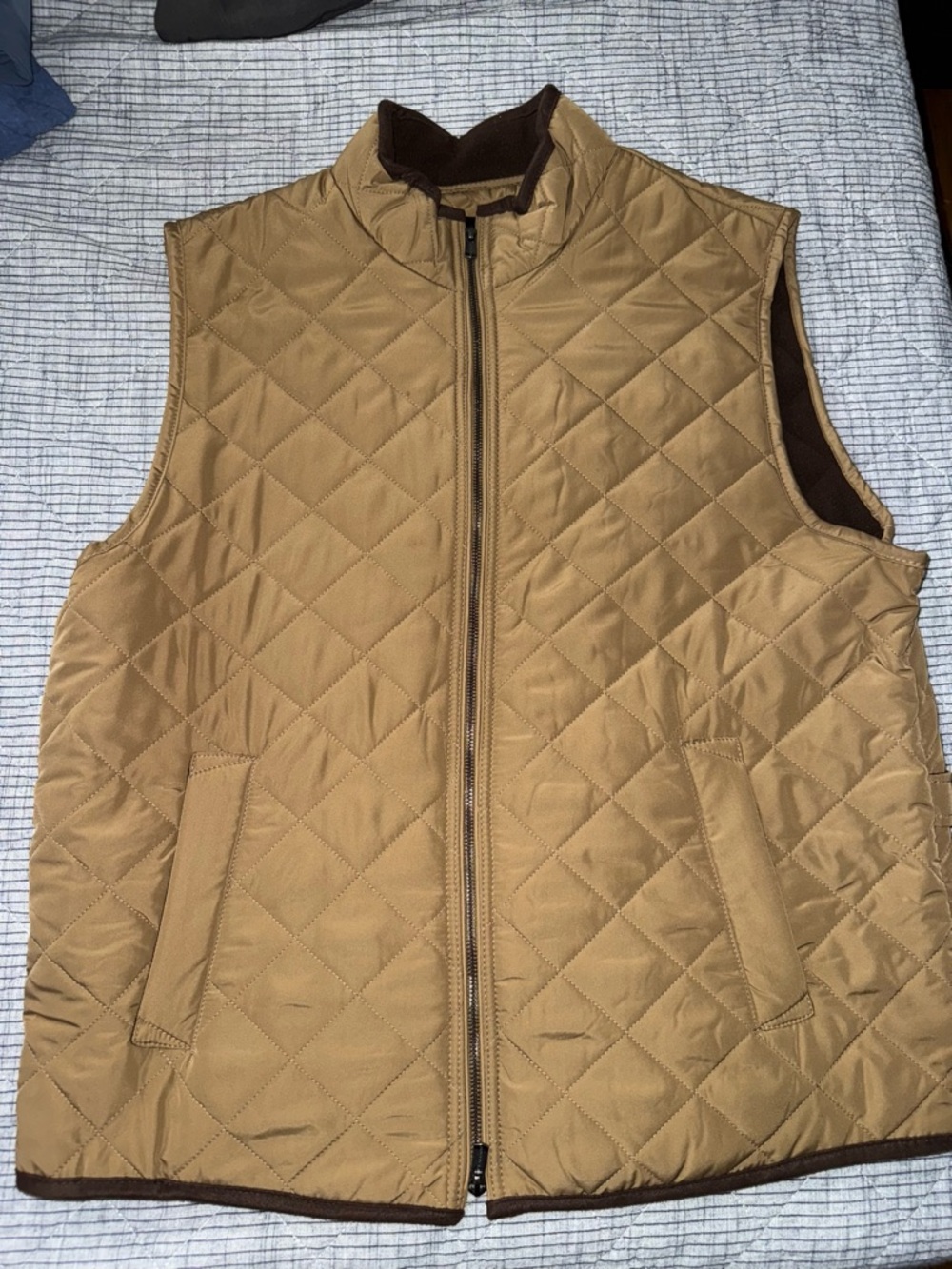 Tahari Quilted Vest in Tan with Brown Trim